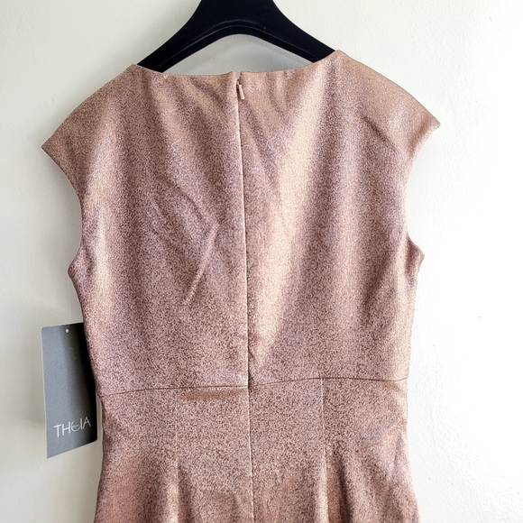 New Theia Cap-Sleeve Stretch Lamé Metallic Dusty Rose Cocktail Midi Dress NWT  2 - Picture 12 of 15